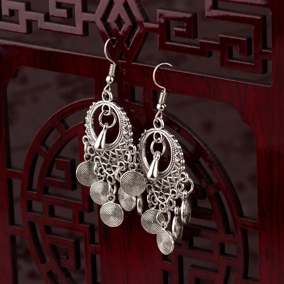 Silver Hollow Round Leaf Tassel Jhumki Earrings Jewelry