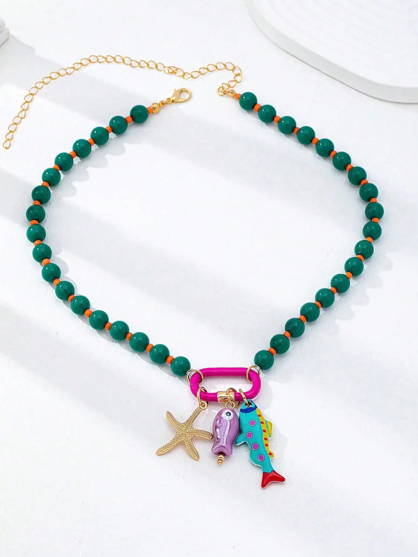 Fish Starfish Charm Resin Bead Layered Necklace Jewelry