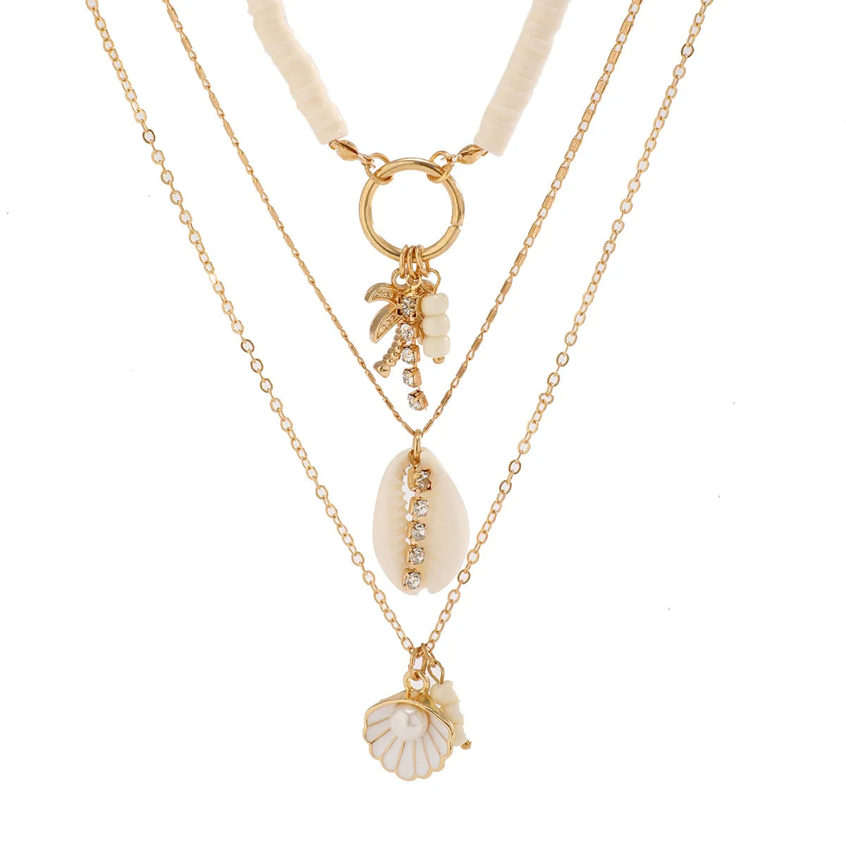Shell Starfish and Pearl Layered Chain Boho Necklace