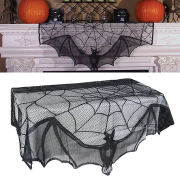 Halloween Bat Table Runner Black Spider Web Lace Tablecloth Fireplace Curtain for Halloween Party Home Decoration Horror Props - Charlie Dolly