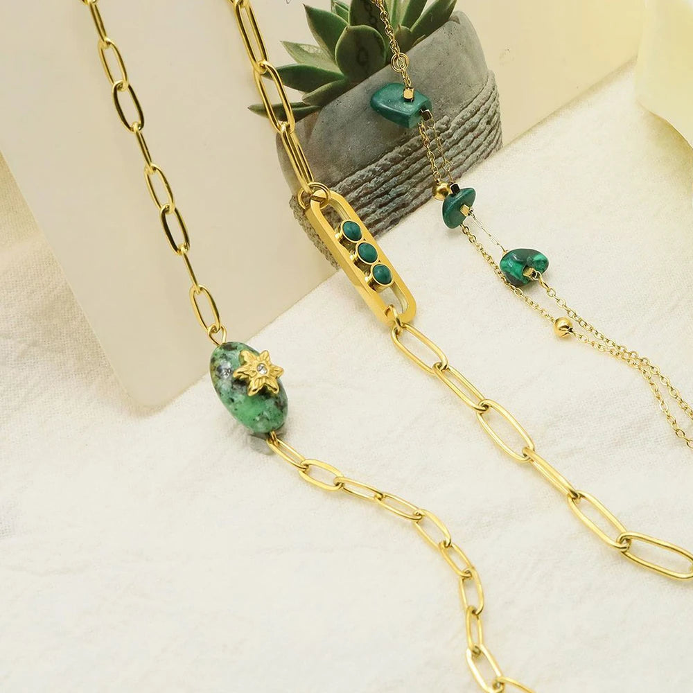 WILD & FREE Boho Vintage Green Natural Stone Bracelets for Women Stainless Steel Trendy Charms Aesthetic Jewelry Set - Charlie Dolly