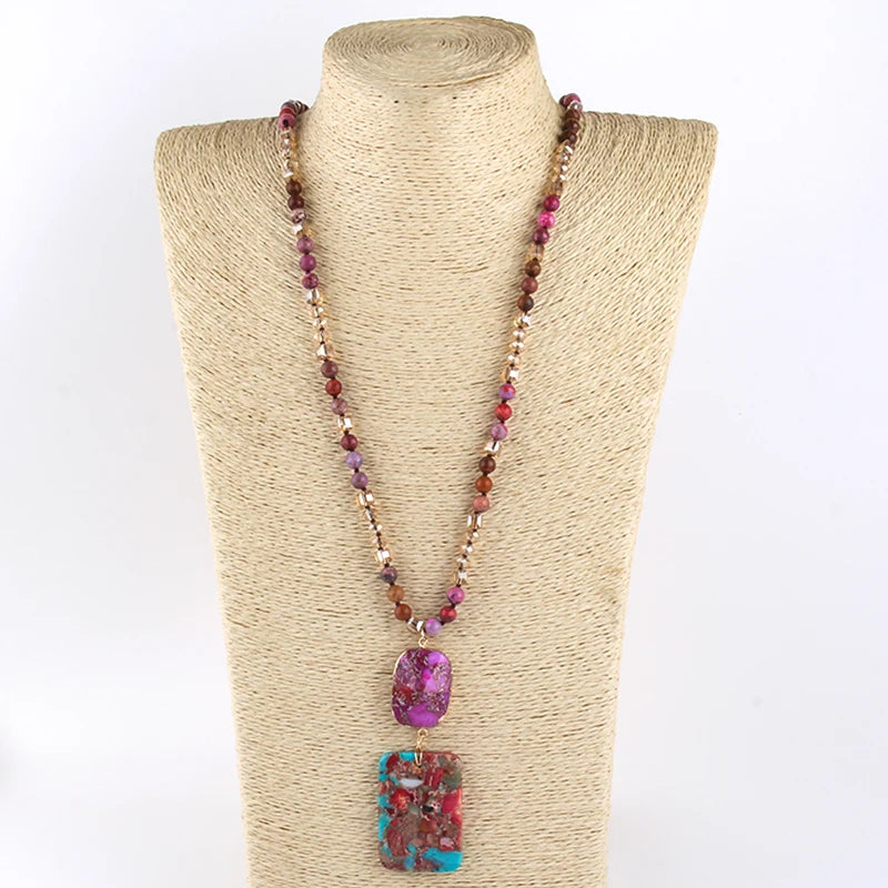 RH Fashion Bohemian Jewelry Natural Stones Crystal Stone Knotted Semi Precious Stone Boho Multi Pendant Necklace Women Gift - Charlie Dolly