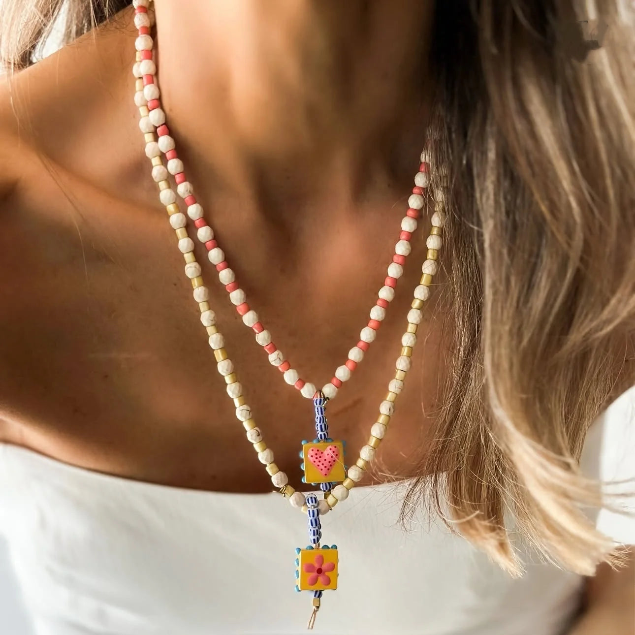 French White Turquoise and Heart Glass Pendant Sweater Chain