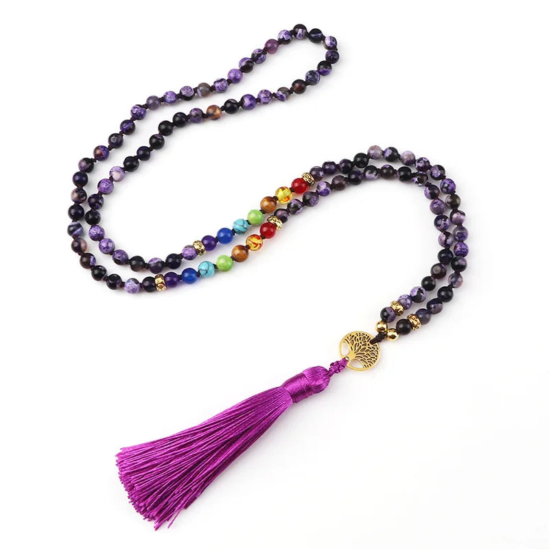 Purple Agate 7 Chakra Mala Necklace Jewelry