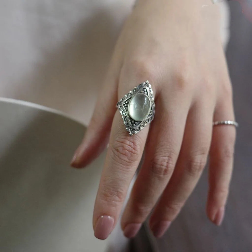 Natural Rose Quartz Oval Gemstone Ring - Vintage Boho Silver Plated Handmade Jewelry for Women Gift Party & Daily Wear - Charlie Dolly