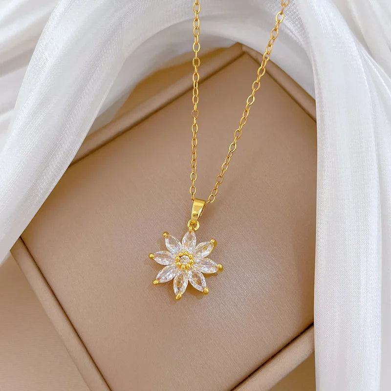 White Crystal Petal Lotus Flower Bud Pendant Necklace, Stainless Steel Waterproof Chain