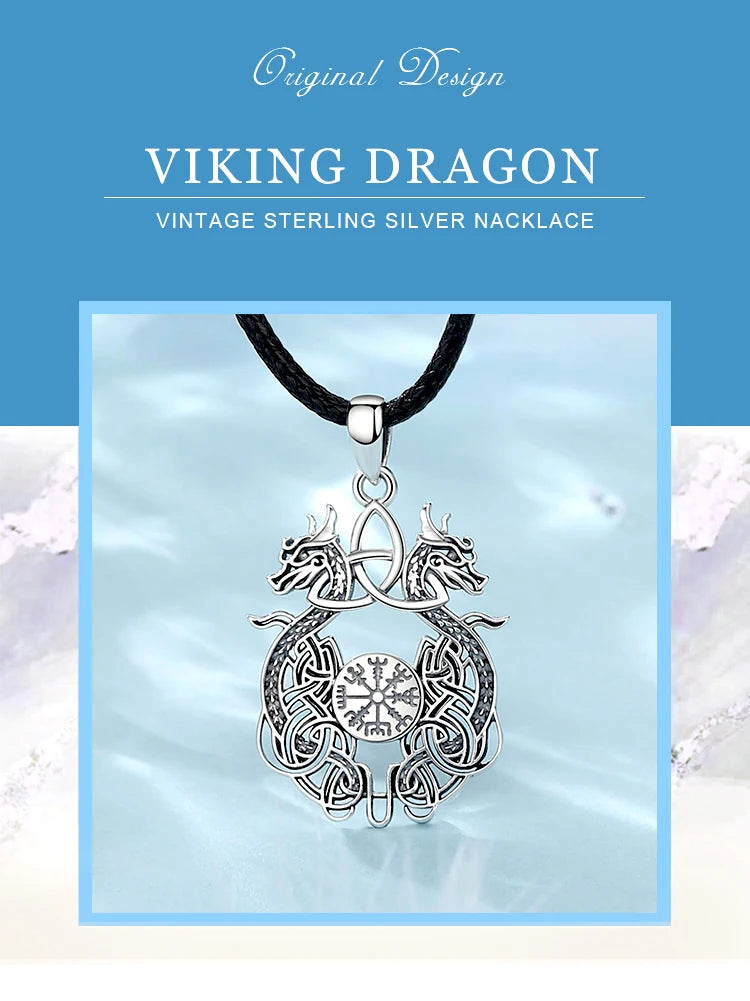 Sterling Silver 925 Viking Dragon Celtic Knot Compass Necklace, Norse Amulet