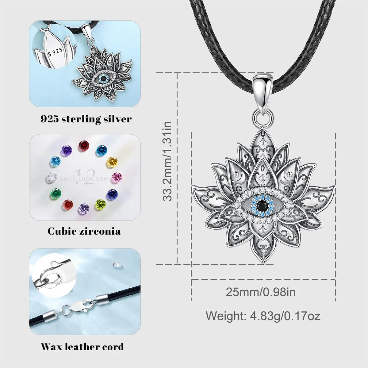 925 Sterling Silver Evil Eye & Lotus Pendant Necklace, Vintage Eudora Sacred Amulet