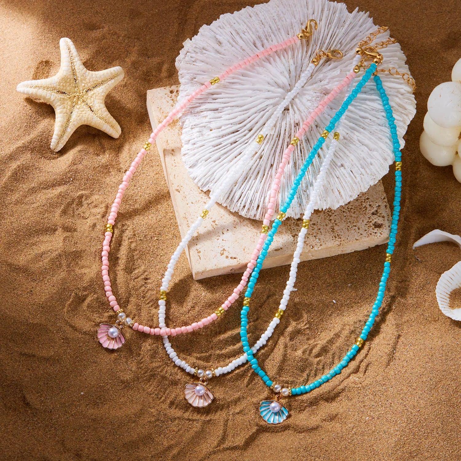 Double Layered Sea Shell and Starfish Boho Necklace