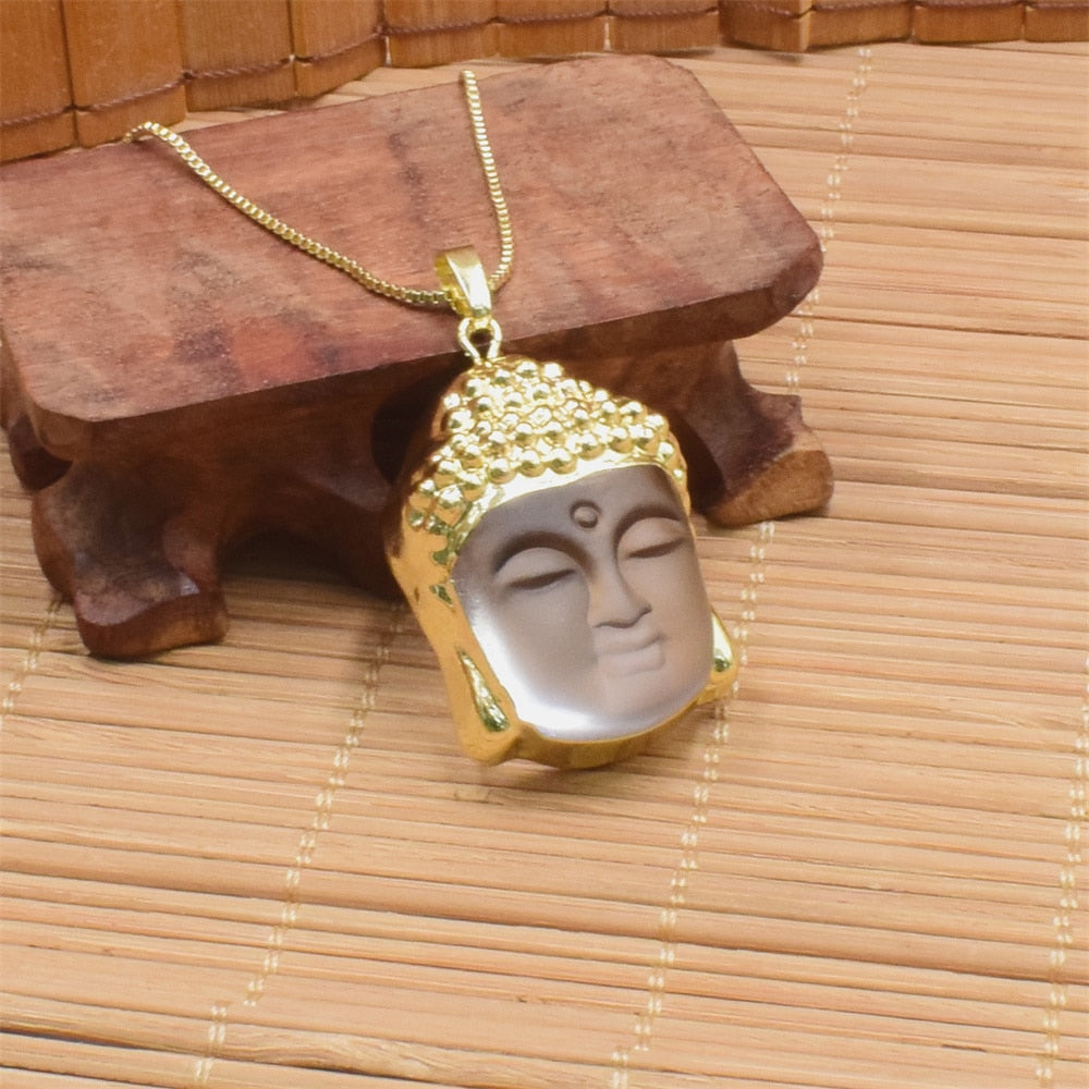 Religious Chinese Style Beliefs Buddhist Buddha Head Pendant Necklace Obsidian Buddha Copper Gold-plated Box Chain Necklace