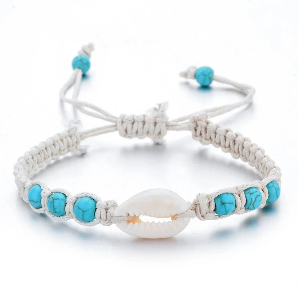 Starfish Shell and Turquoise Woven Wax Rope Bracelet