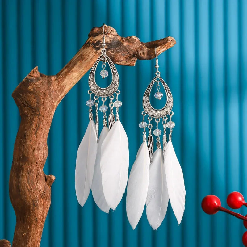 Feather Crystal Tassel Boho Dangle Earrings Jewelry