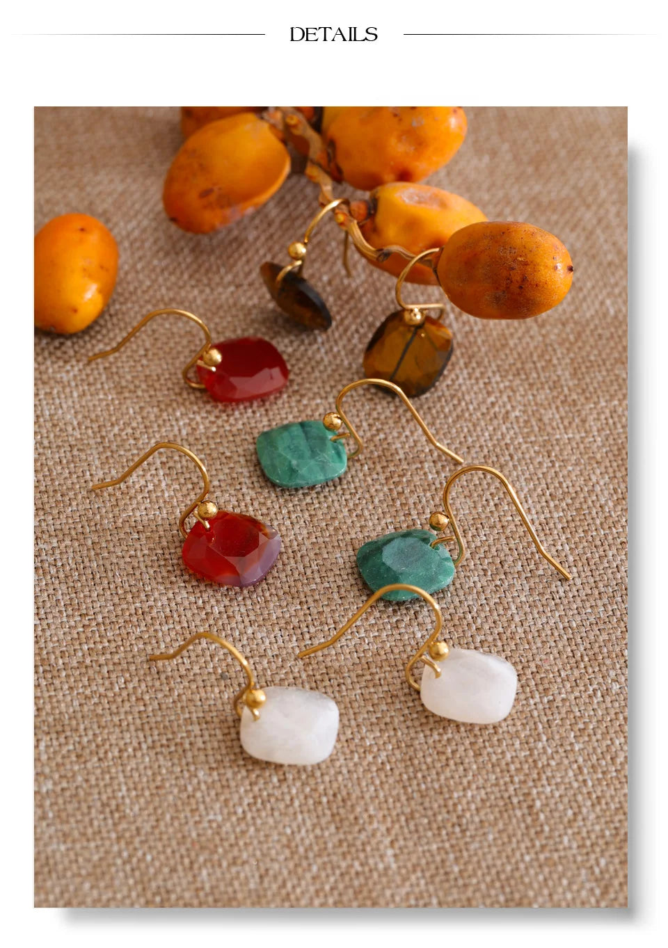 Natural Stone Square Drop Earrings, Tiger Eye Agate 14K Gold-Plated Stainless Steel Jewelry