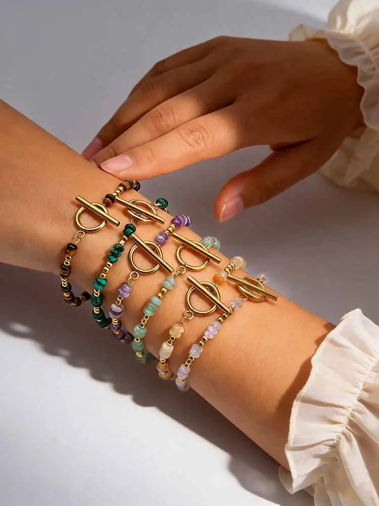Boho Natural Stone Beaded Bracelet for Women Toggle Clasp Crystal Bead Chain Bracelet Chic Design Stainless Steel Jewelry Gift - Charlie Dolly