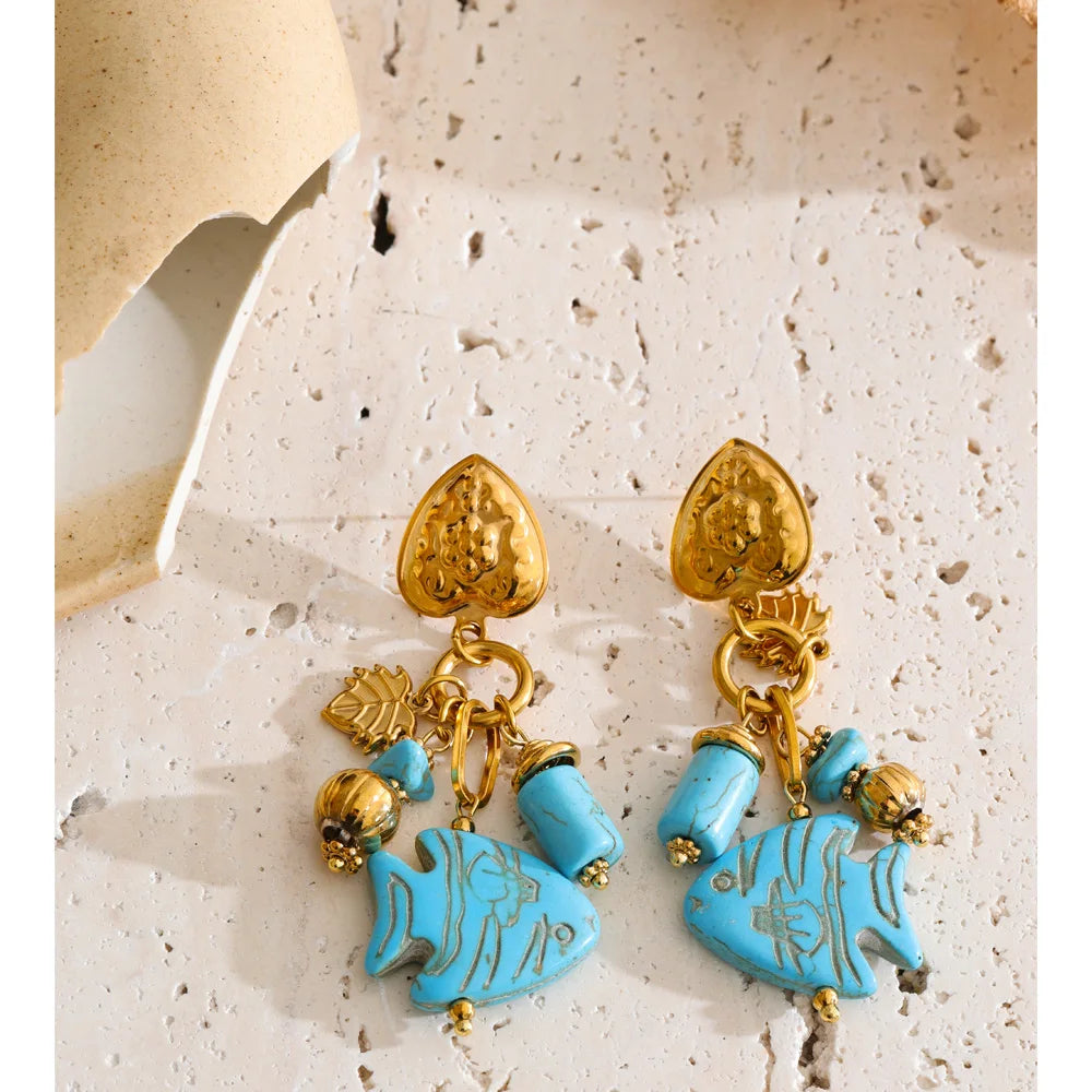 Blue Stone Fish Drop Earrings, 18K Gold Ocean Summer Stainless Steel Jewelry