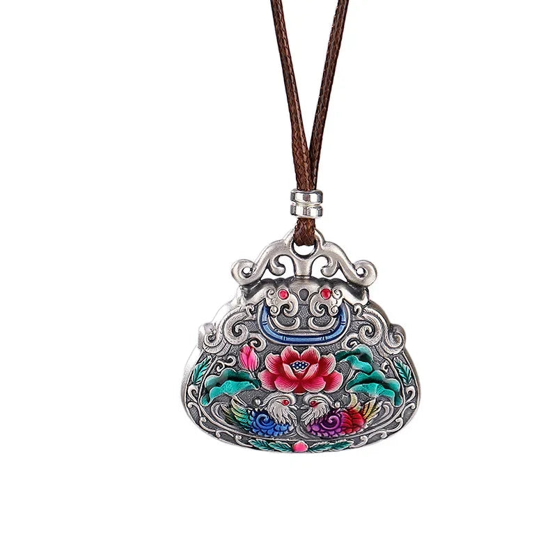 925 Sterling Silver Cloisonne Mandarin Duck & Lotus Enamel Necklace, Auspicious Love Amulet