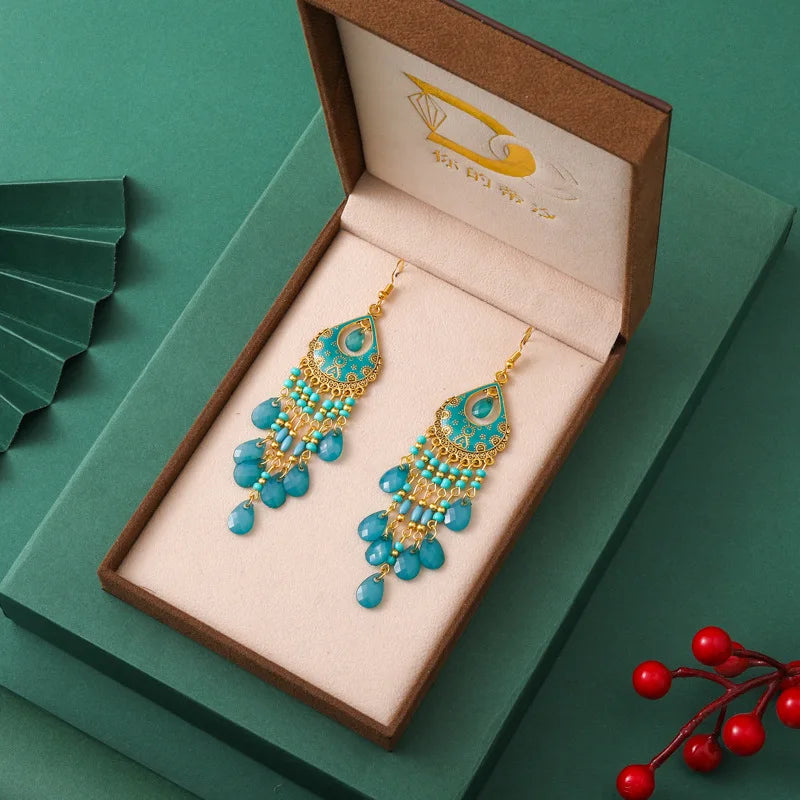 Acrylic Waterdrop Bead Tassel Long Earrings Jewelry