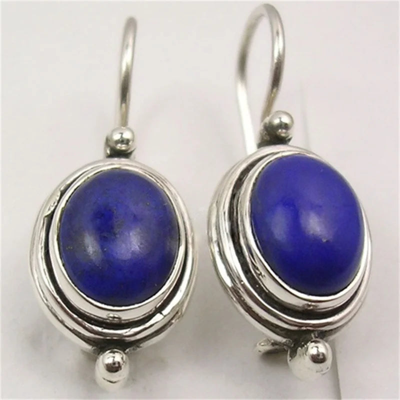 Ethnic Silver Color Imitation Lapis Lazuli Dangle Earrings Woman Carving Oval Party Daily Wear - Charlie Dolly