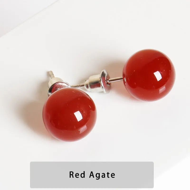 Natural Stone Agate Quartz Lapis Lazuli Tiger Eye Round Bead Stud Earrings Women Fashion Simple Stainless Steel Crystal Ear Stud - Charlie Dolly
