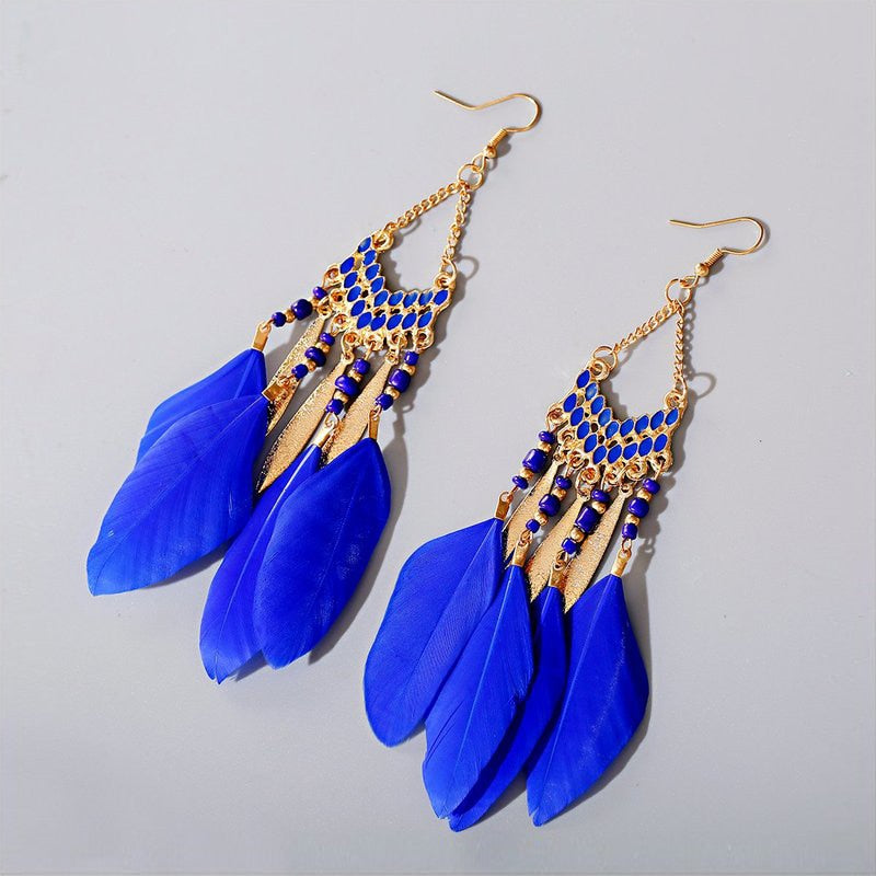 Boho Long Feather Dangle Women's Earrings Beach Long Tassel Beads Handmade Flower Enamel Earrings Bride Wedding Pendientes Mujer