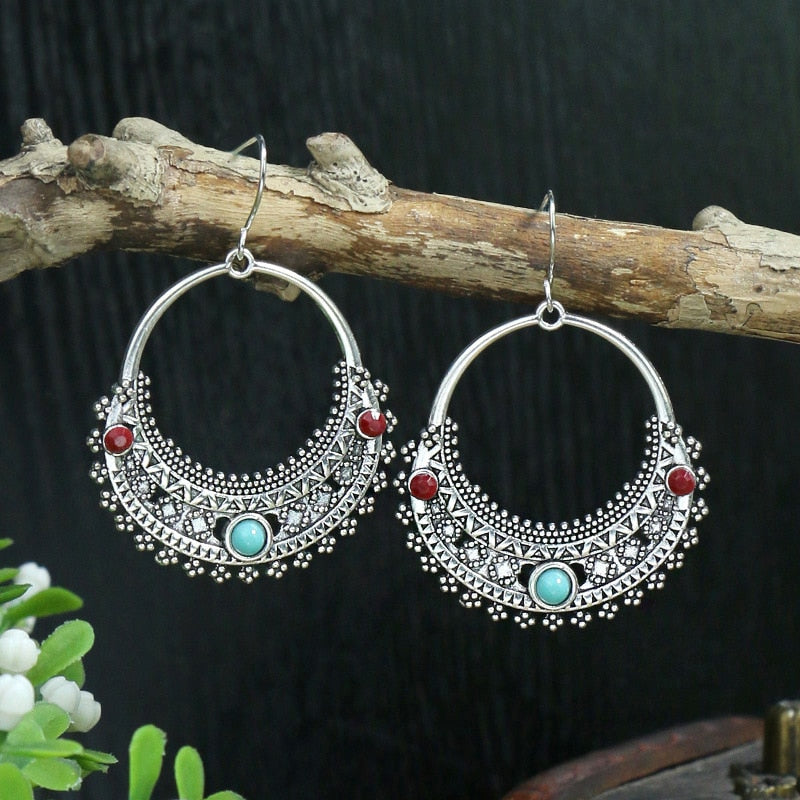 53 Styles Bohemian Vintage Tibetan Silver Geometric Drop Earrings For Women Ethnic Blue Stone Tassel Dangle Earrings Jewelry