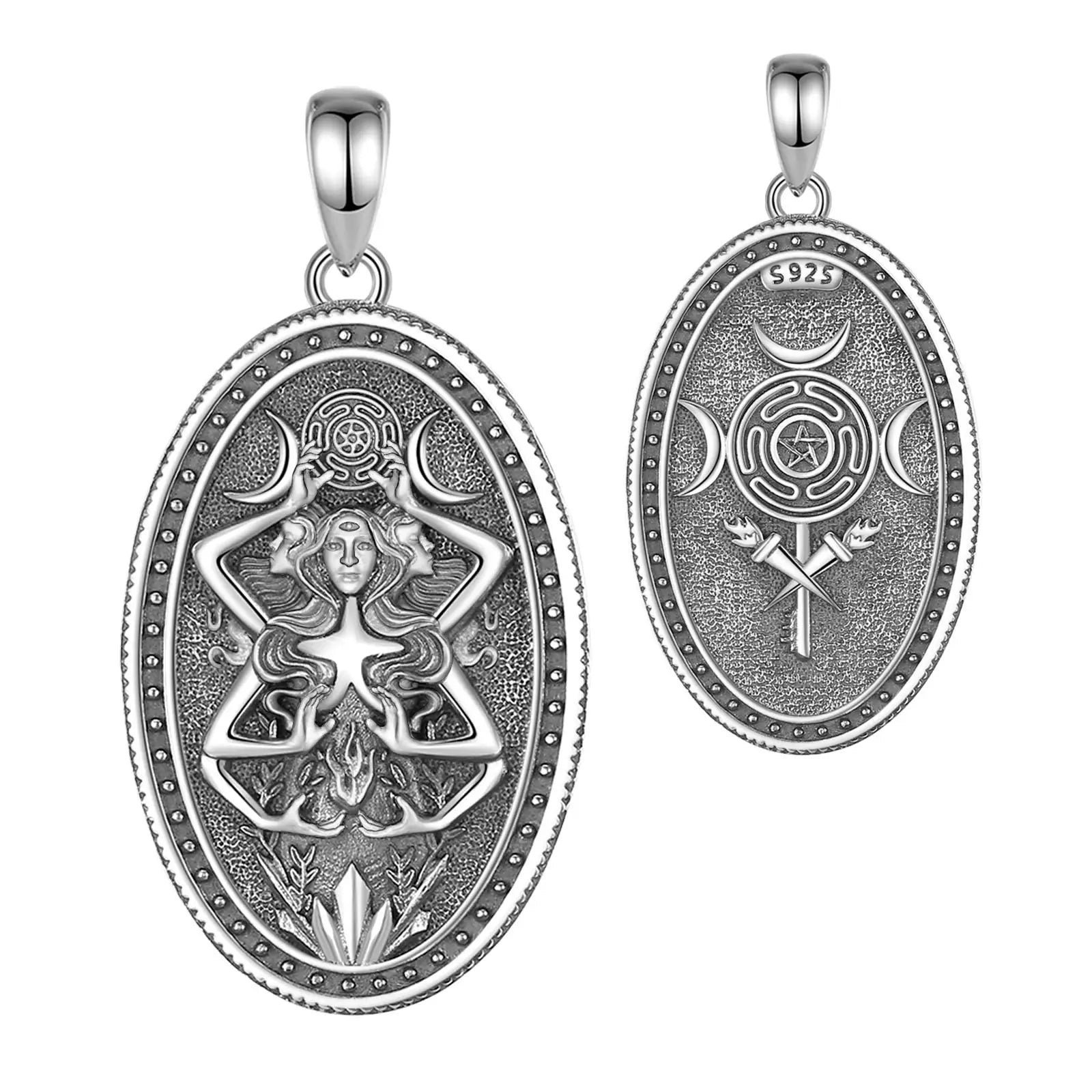 Triple Moon Goddess Hecate Wheel Necklace, S925 Sterling Silver