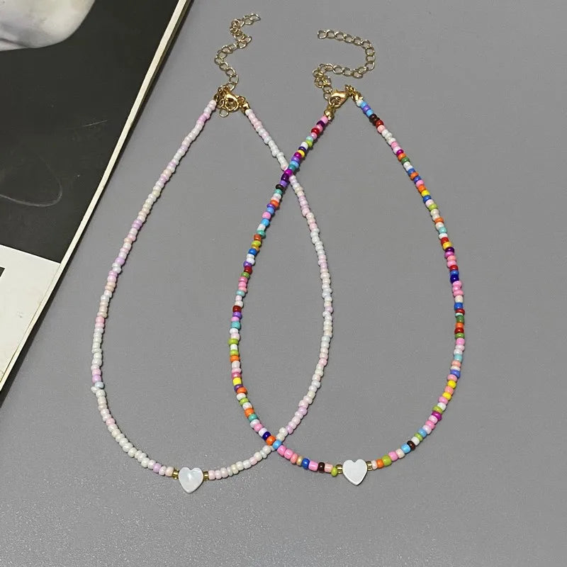Natural Shell Heart and Colorful Glass Bead Boho Choker