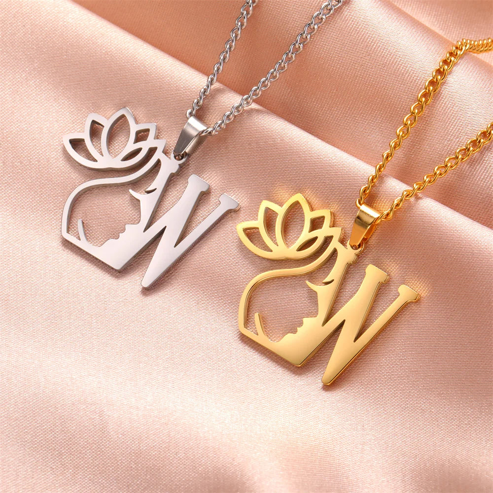 Lotus Flower Initial Letter Pendant, Personalized Stainless Steel Necklace
