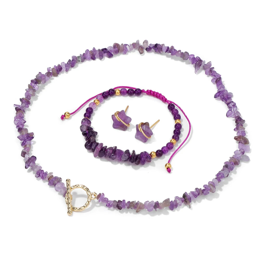 Natural Stone Lapis Lazuli Jewelry Set Quartzs Chip Beads Necklace Braided Bracelets For Women Star Shape Ear Studs Earrings - Charlie Dolly