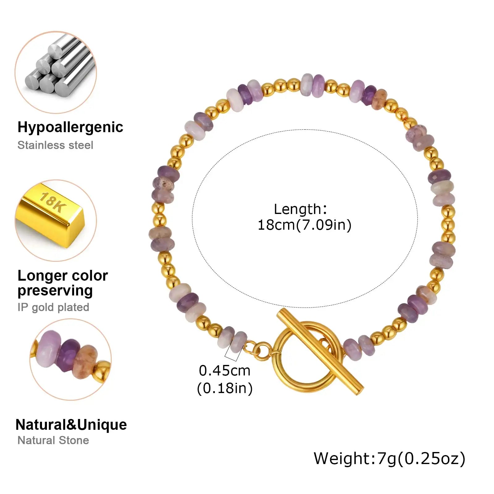 Boho Natural Stone Beaded Bracelet for Women Toggle Clasp Crystal Bead Chain Bracelet Chic Design Stainless Steel Jewelry Gift - Charlie Dolly