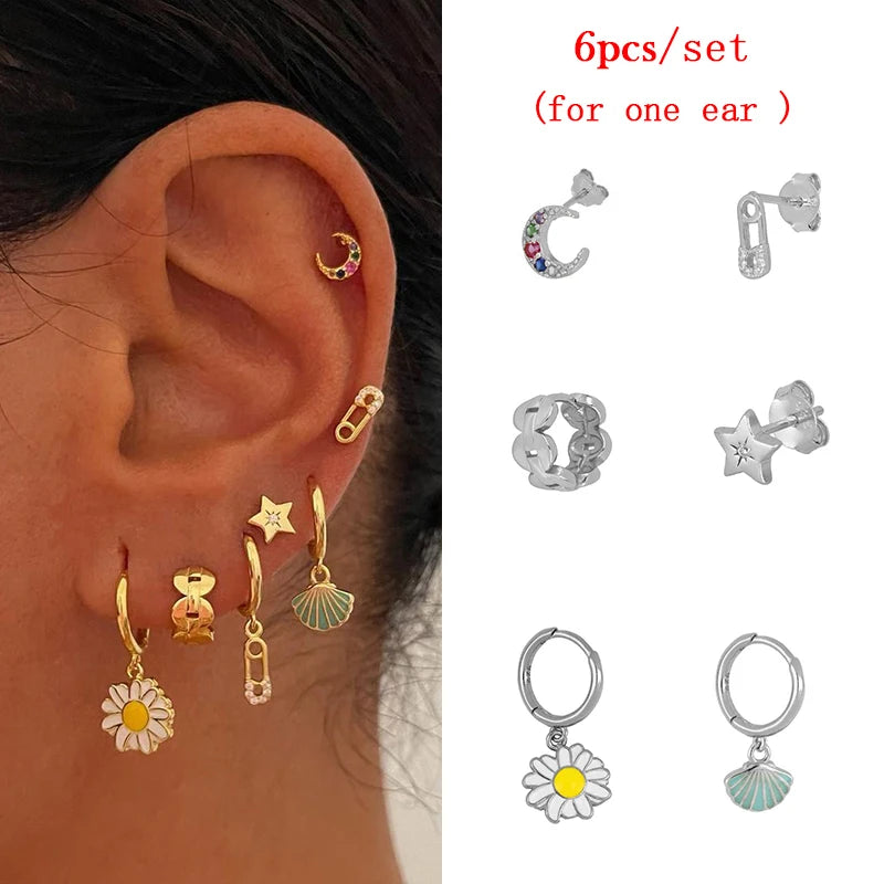 Gold Plated Hoop Stud Ear Cuff Earrings Set Jewelry