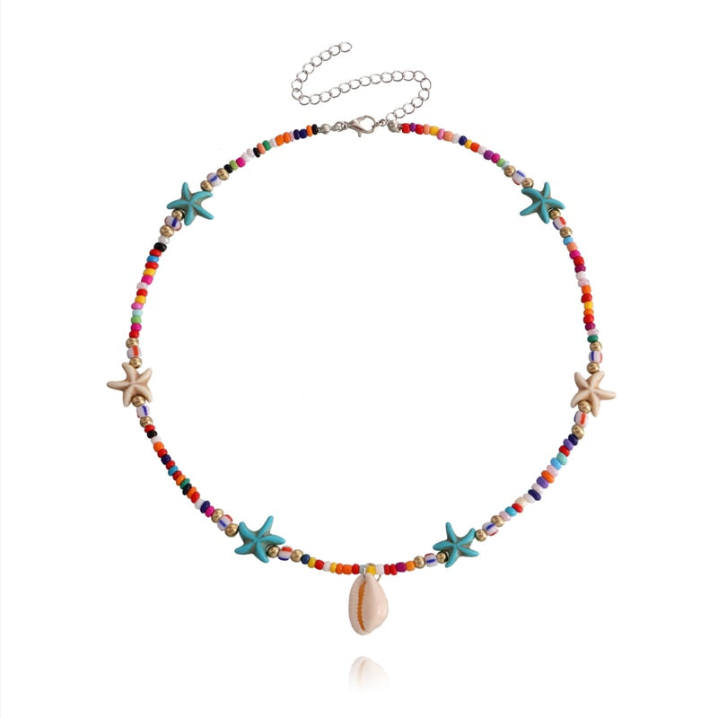 Necklace Boho Colorful Beads Starfish with Sea Shell Pendant Women Handmade Chic Jewelry