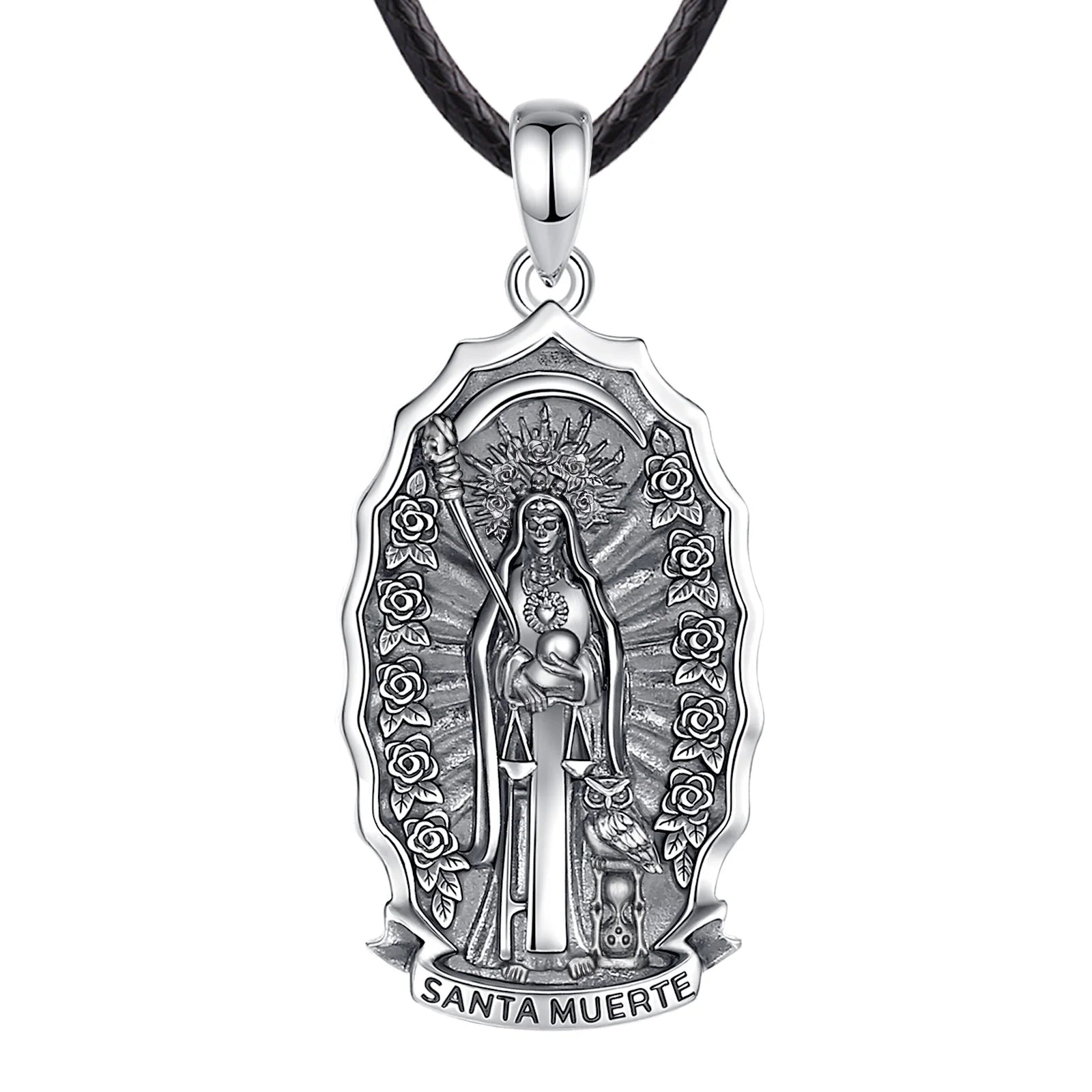 S925 Sterling Silver Santa Muerte Pendant Necklace, Holy Death Mexican Devotional Amulet