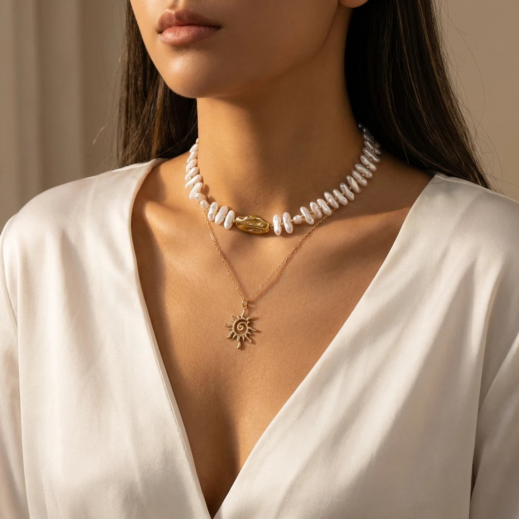 Layered Sun Pendant Bead Choker Necklace Jewelry