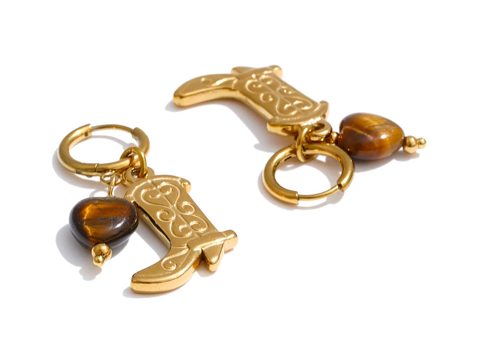 Natural Tiger Stone Boot Charm Drop Hoop Earrings, Stainless Steel Vintage Jewelry