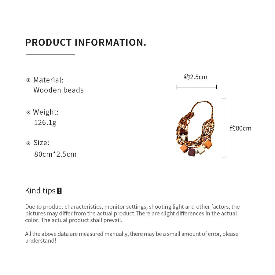 Cubic Wood Bead Multilayer Statement Necklace Jewelry