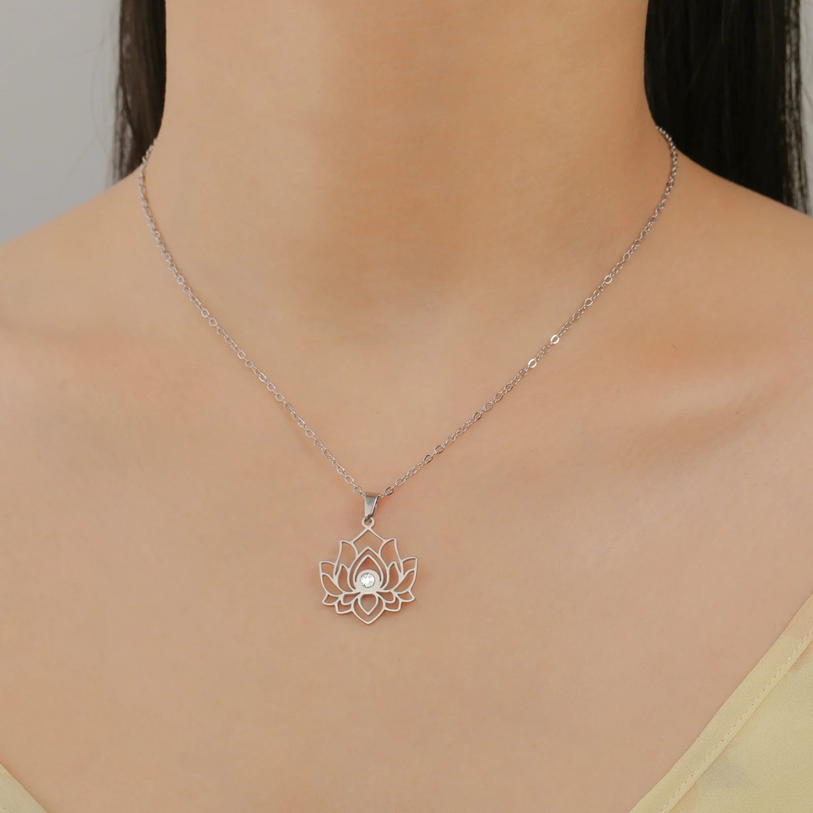 Lotus Zircon Chakra Pendant, Stainless Steel Yoga Amulet