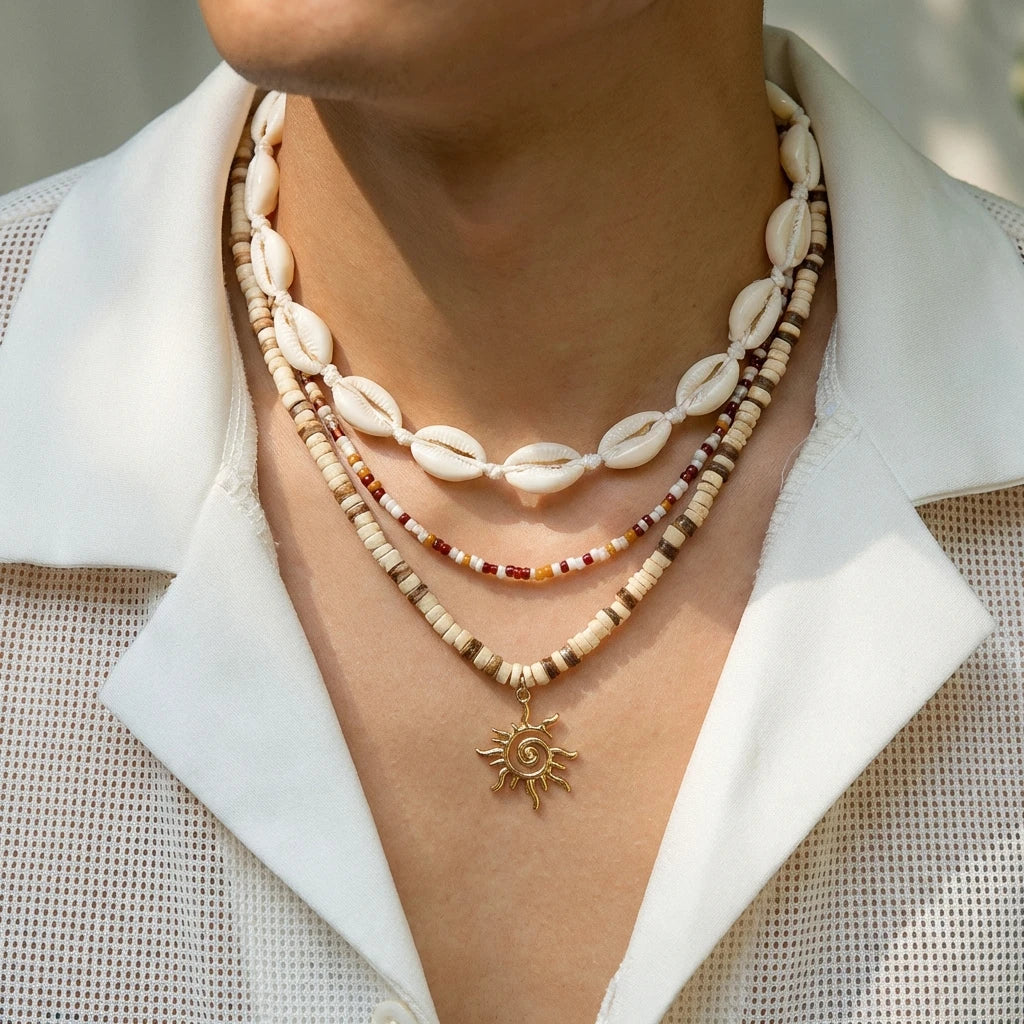 Cowrie Shell Wood Bead Sun Layered Necklace Jewelry