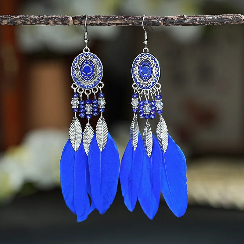 Feather Leaf Crystal Bead Long Earrings Jewelry