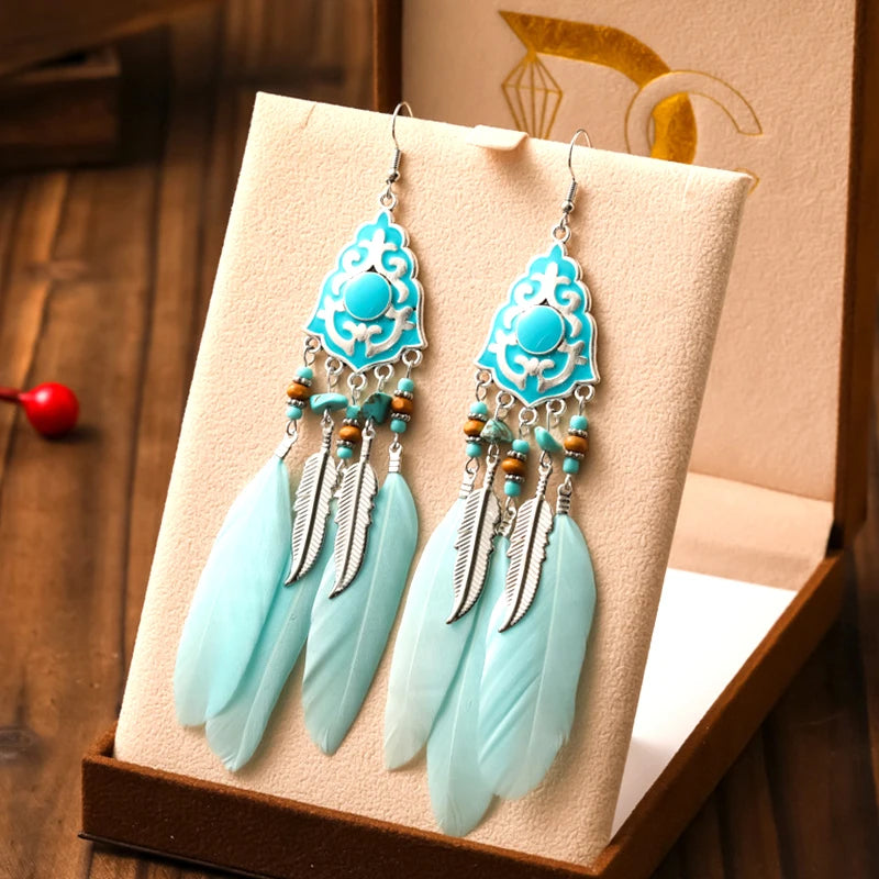 Blue Enamel Feather Crystal Long Earrings Jewelry