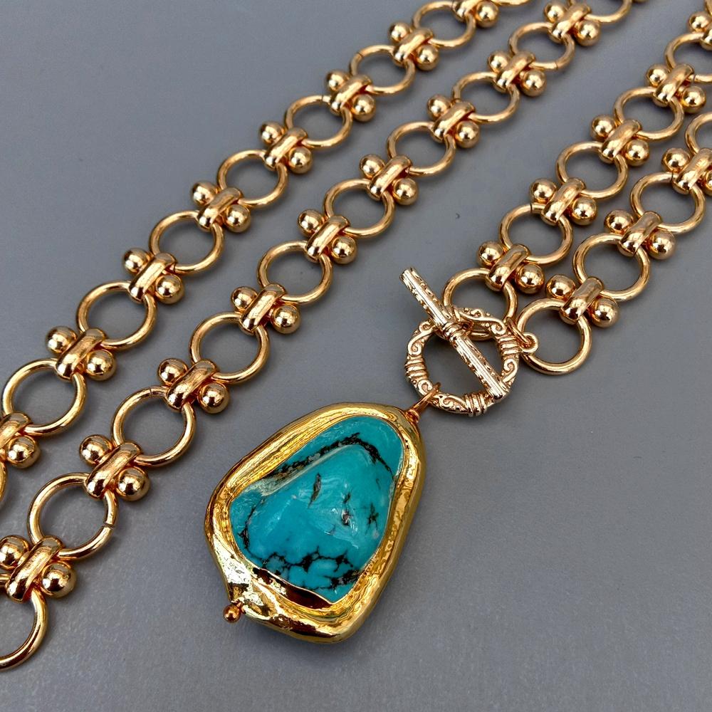 KKGEM Gold Plated Link Chain 22x28mm Blue Turquoise Pendant Chokers Necklace Designer Gems Jewelry