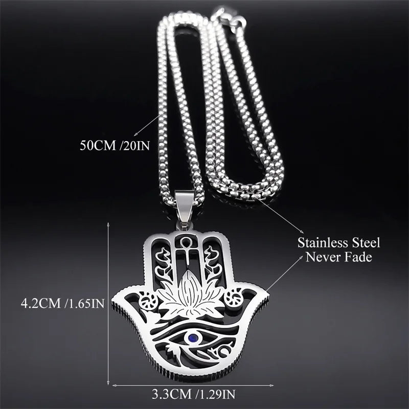Hamsa Hand, Ankh, Lotus & Eye of Horus Pendant, Egyptian Protection Amulet