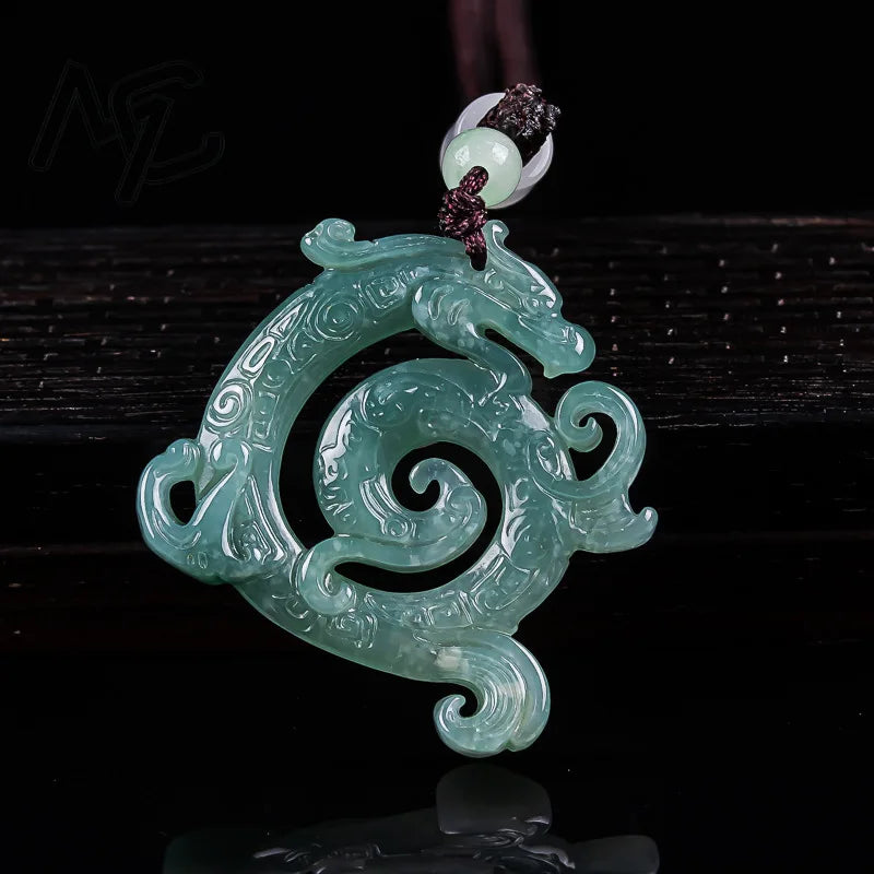 Natural Blue Water Jade Dragon Amulet Necklace