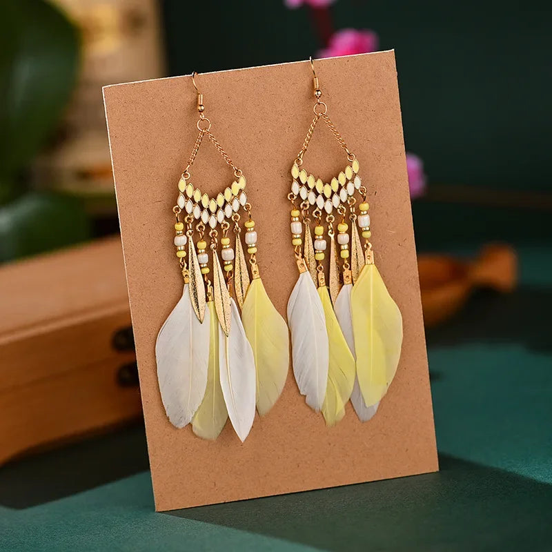 Feather Colorful Bead Long Tassel Earrings Jewelry