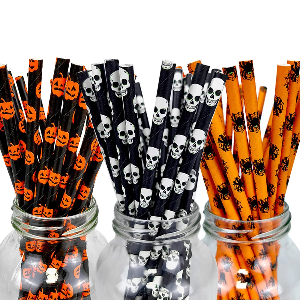 25/50/100pcs Halloween Party Favors Paper Straws Black and Orange Party Biodegradable Drinking Stripe Straws for Halloween - Charlie Dolly
