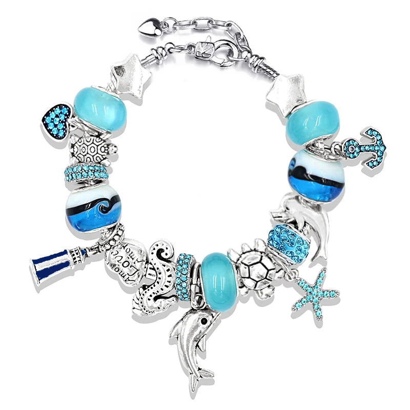 Dolphin Starfish and Shell Enamel Charm Bracelet