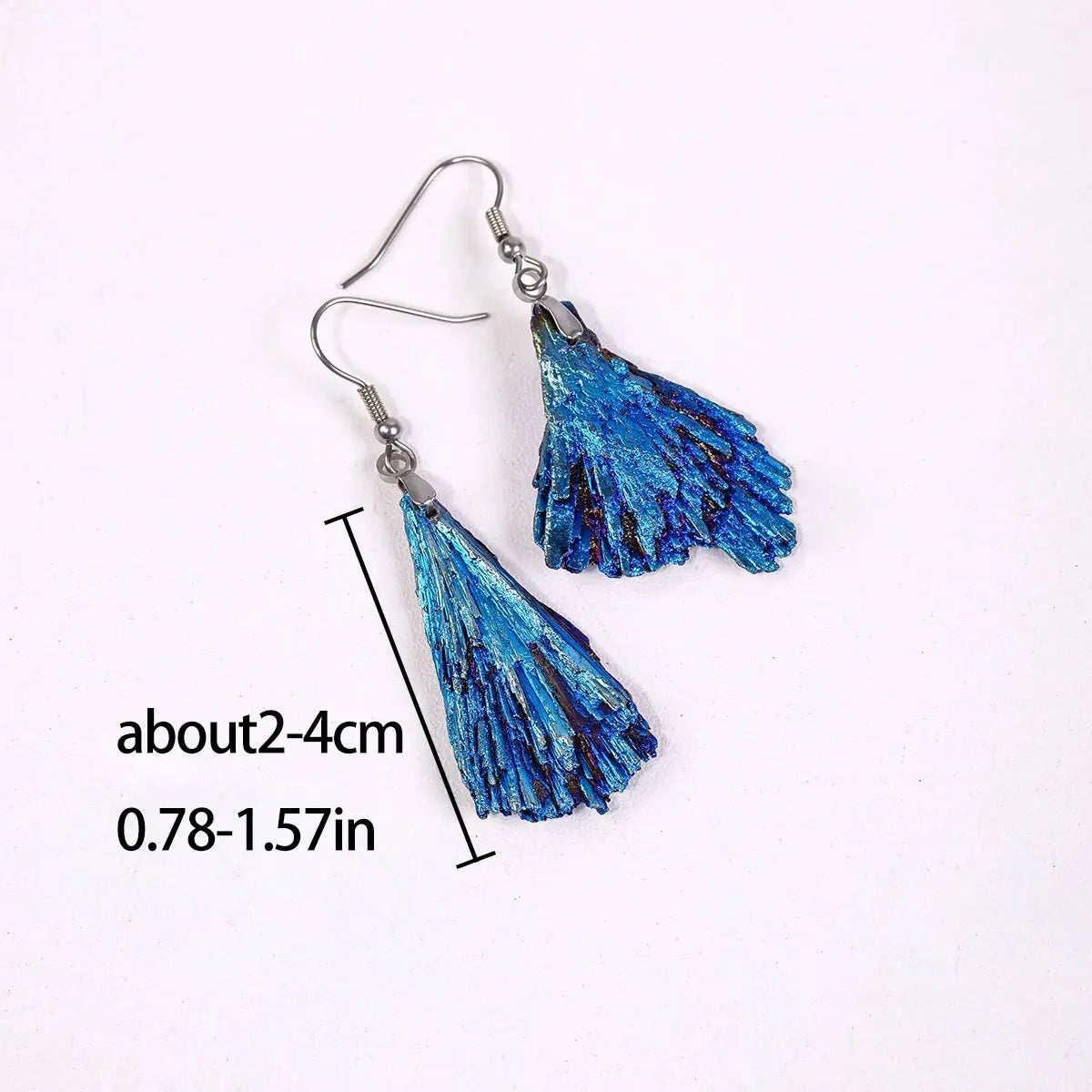 Aura Blue Tourmaline Feather Drop Earrings, Healing Crystal Chakra Boho Jewelry