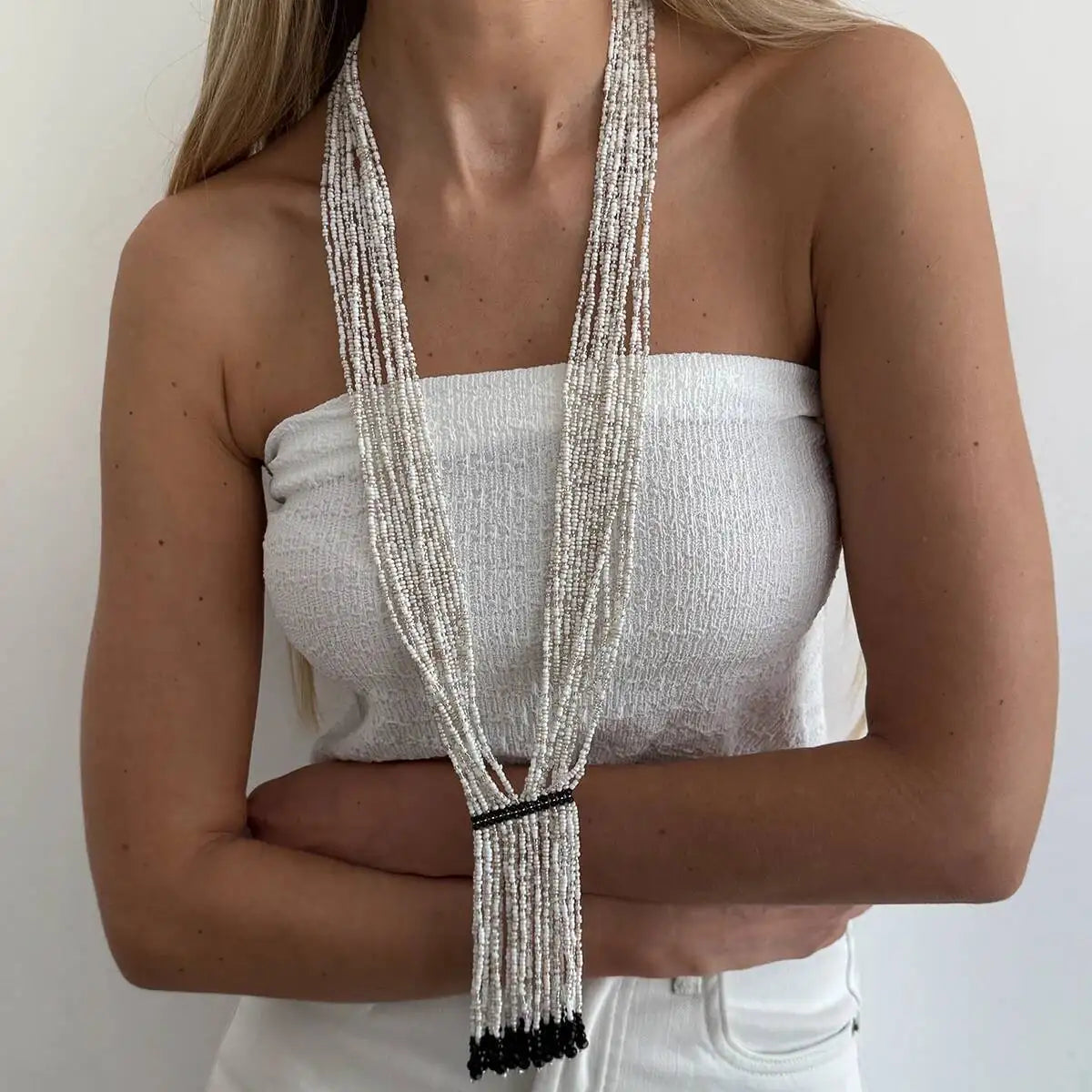 Rice Bead Multilayer Crystal Tassel Necklace Jewelry