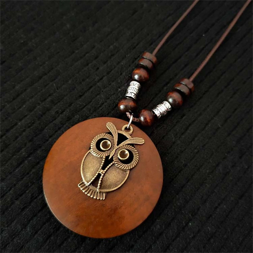 Wood Owl Leaf Pendant Wax Rope Necklace Jewelry