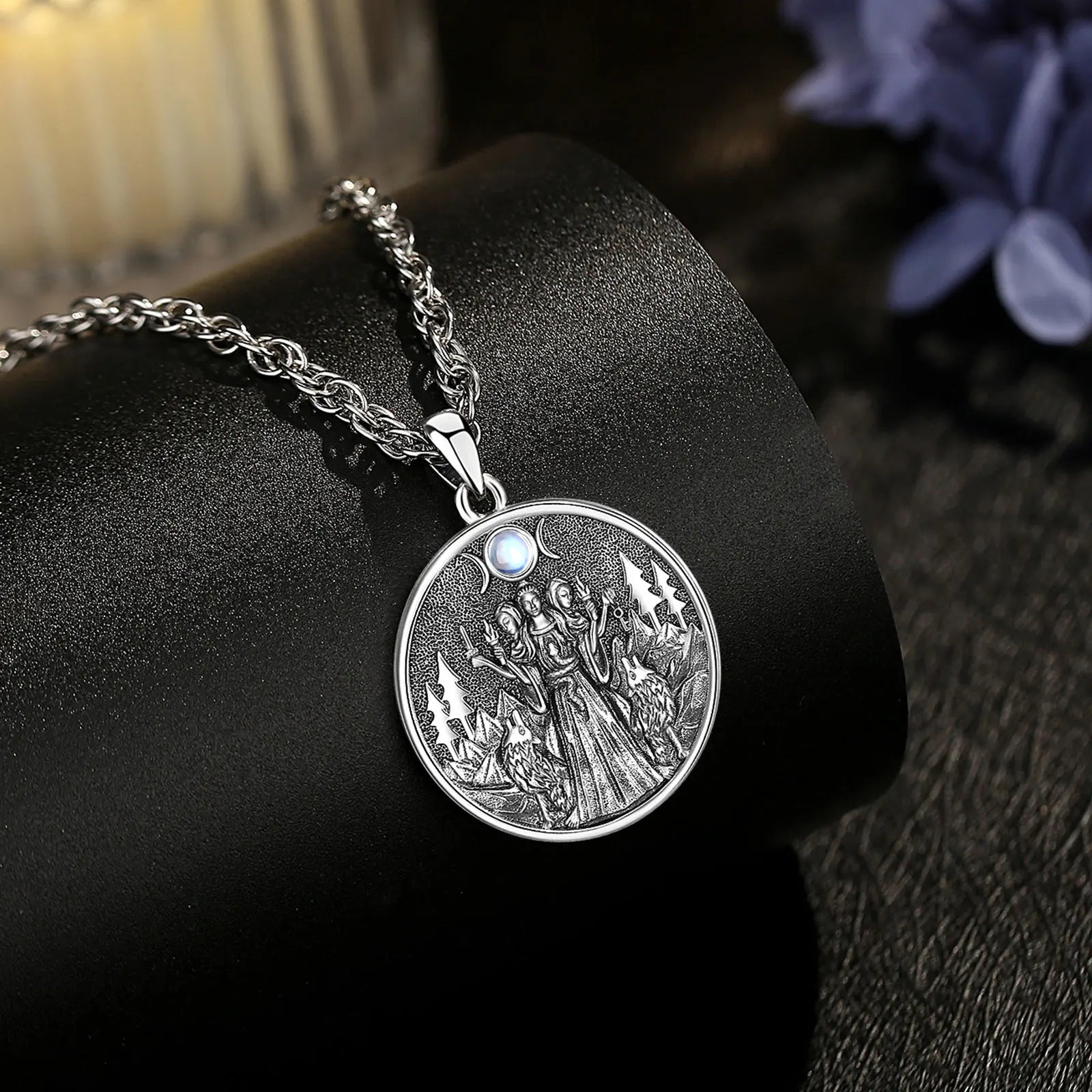 S925 Sterling Silver Hecate & Dog Pendant Necklace, Triple Moon Goddess Moonstone Amulet